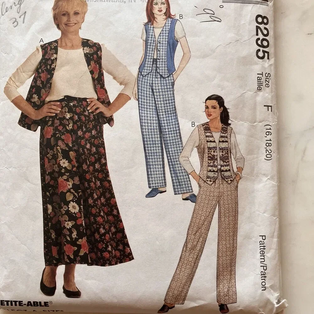 Vintage McCall’s Pattern 8295 Women’s Top Vest Pants & Skirt‎ Size 16-18-20 Cut